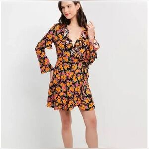 NWOT Topshop Orange Pink Floral Ruffle Wrap Viscose Dress 4 US Date Night Party